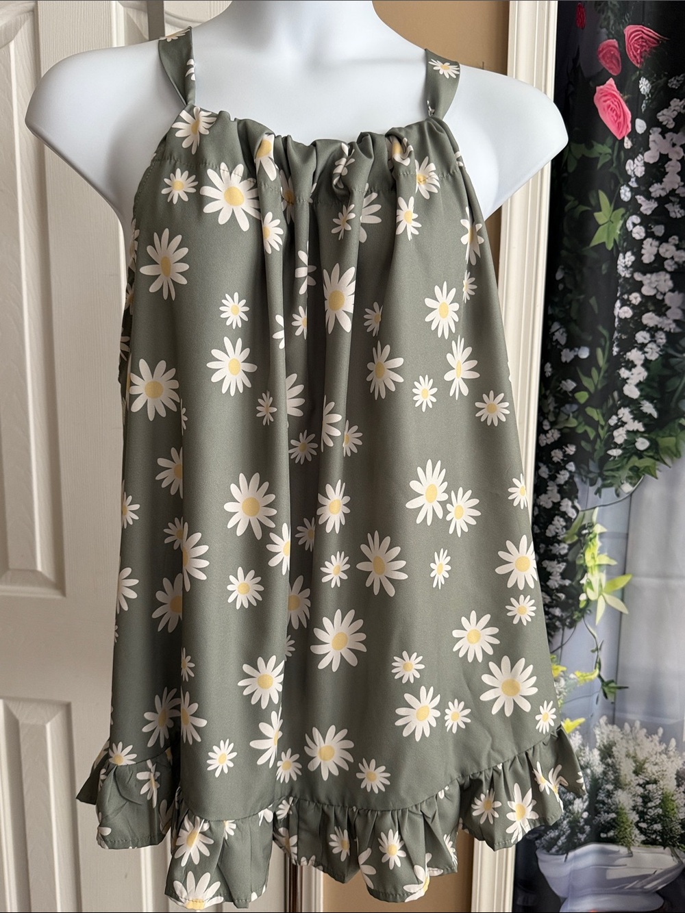 Olive Grey Green Daisy Print Ruffle Hem Shirt